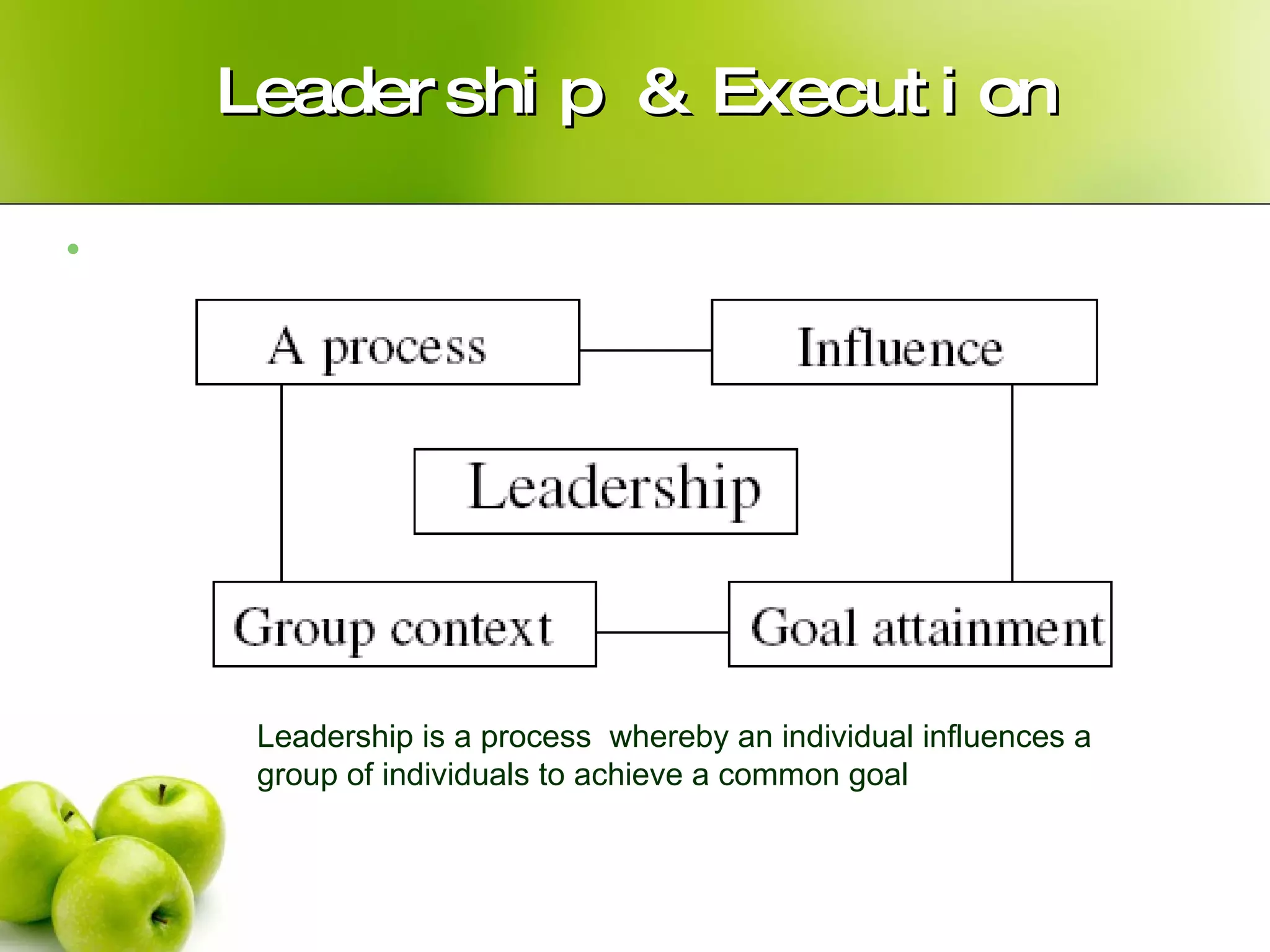 Leadership & Execution Leadership is a process  whereby an individual influences a  group of individuals to achieve a common goal 