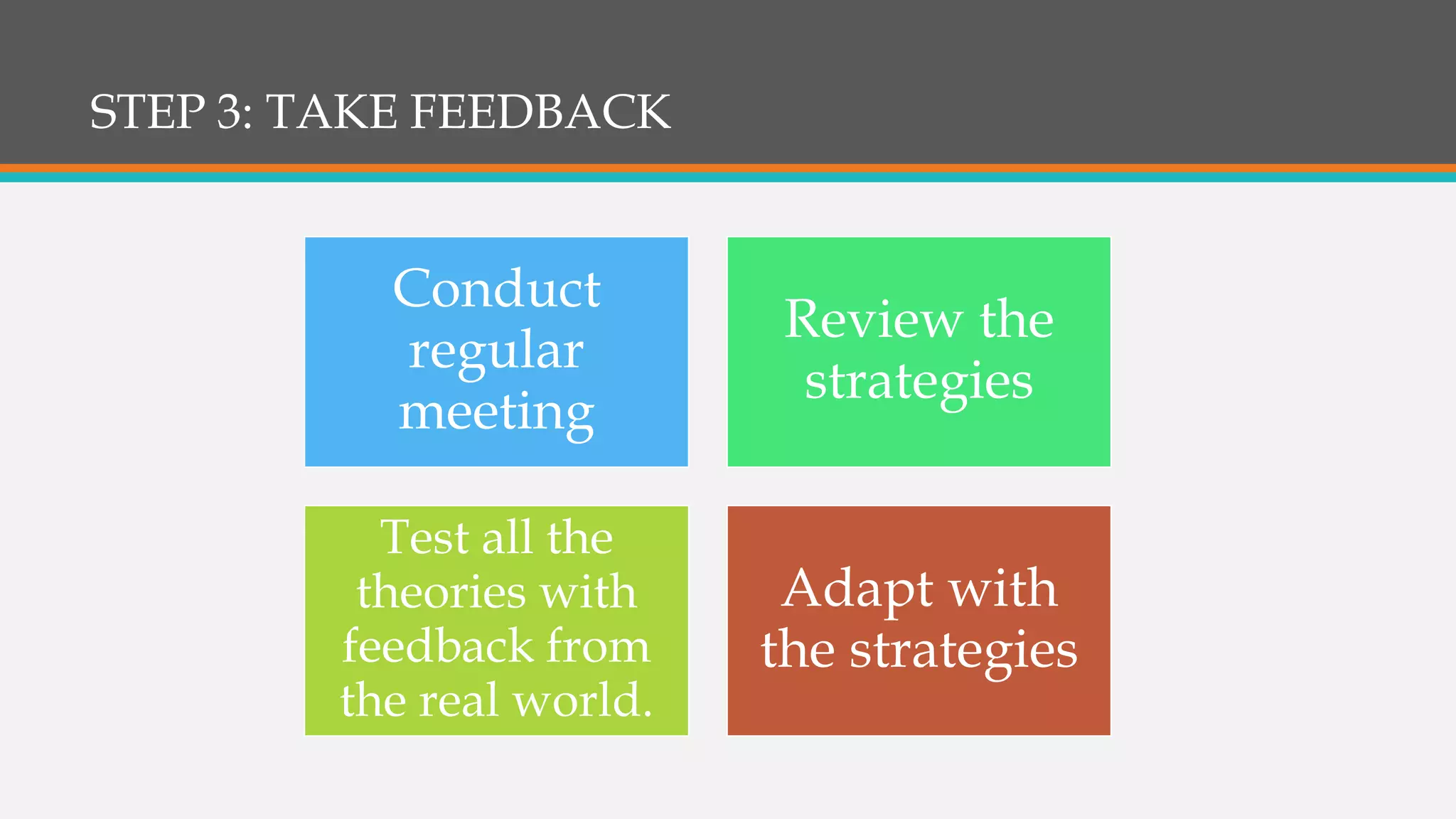 STEP 3: TAKE FEEDBACK
Conduct
regular
meeting
Review the
strategies
Test all the
theories with
feedback from
the real world.
Adapt with
the strategies
 