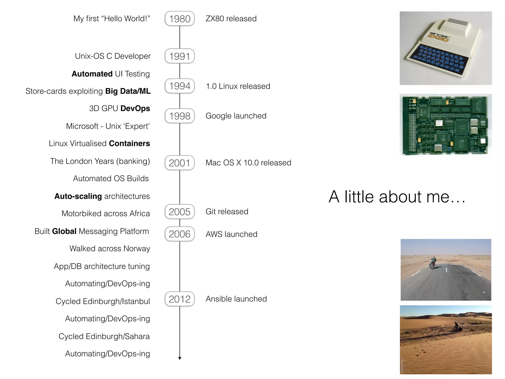 Unix-OS C Developer
Automated UI Testing
Automated OS Builds
Linux Virtualised Containers
Auto-scaling architectures
1.0 Linux released
Google launched
Mac OS X 10.0 released
AWS launched
Ansible launched
My ﬁrst “Hello World!” ZX80 released
Store-cards exploiting Big Data/ML
Motorbiked across Africa
Cycled Edinburgh/Istanbul
The London Years (banking)
Microsoft - Unix ‘Expert’
Git released
3D GPU DevOps
Built Global Messaging Platform
Automating/DevOps-ing
App/DB architecture tuning
1991
1980
1994
1998
2001
2005
2006
2012
Walked across Norway
Automating/DevOps-ing
Cycled Edinburgh/Sahara
Automating/DevOps-ing
A little about me…
 