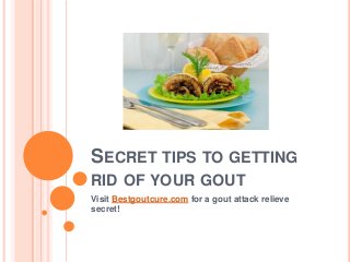 SECRET TIPS TO GETTING
RID OF YOUR GOUT
Visit Bestgoutcure.com for a gout attack relieve
secret!
 