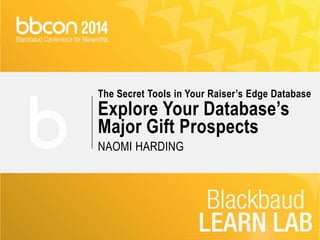 The Secret Tools in Your Raiser’s Edge Database 
Explore Your Database’s 
Major Gift Prospects 
NAOMI HARDING 
 