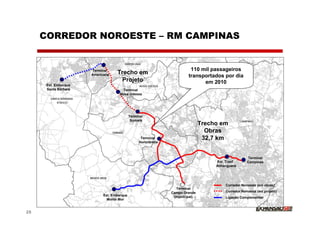 CORREDOR NOROESTE – RM CAMPINAS


                      Terminal                                          110 mil passageiros
                      Americana    Trecho em
                                                                       transportados por dia
                                    Projeto                                  em 2010
      Est. Embarque
      Santa Bárbara                   Terminal
                                     Nova Odessa




                                            Terminal
                                             Sumaré
                                                                              Trecho em
                                                                                Obras
                                                  Terminal                     32,7 km
                                                 Hortolândia



                                                                                                    Terminal
                                                                                   Est. Tranf.      Campinas
                                                                                   Anhanguera




                                                                                        Corredor Noroeste (em obras)
                                                                 Terminal
                                                               Campo Grande             Corredor Noroeste (em projeto)
                            Est. Embarque                       (municipal)             Ligação Complementar
                              Monte Mor


25
 