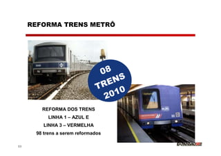 REFORMA TRENS METRÔ




                                08
                                   NS
                               TRE
                                 20 10
        REFORMA DOS TRENS
          LINHA 1 – AZUL E
         LINHA 3 – VERMELHA
      98 trens a serem reformados

32
 