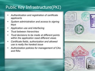 Public Key Infrastructure(PKI)A set of technologies and procedures to enable electronic authenticationUses public key cryptography and digital certificatesCertificate life-cycle management