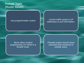 FirewallsA firewall is a barrier placed between the private network and the outside world.All incoming and outgoing traffic must pass through it.Can be used to separate address domains.Control network traffic.Cost: ranges from no-cost (available on the Internet) to $ 100,000 hardware/software system.Types:Router-BasedHost BasedCircuit Gateways