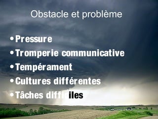 Obstacle et problème
• Pressure
• Tromperie communicative
• Tempérament
• Cultures différentes
• Tâches difficiles

 