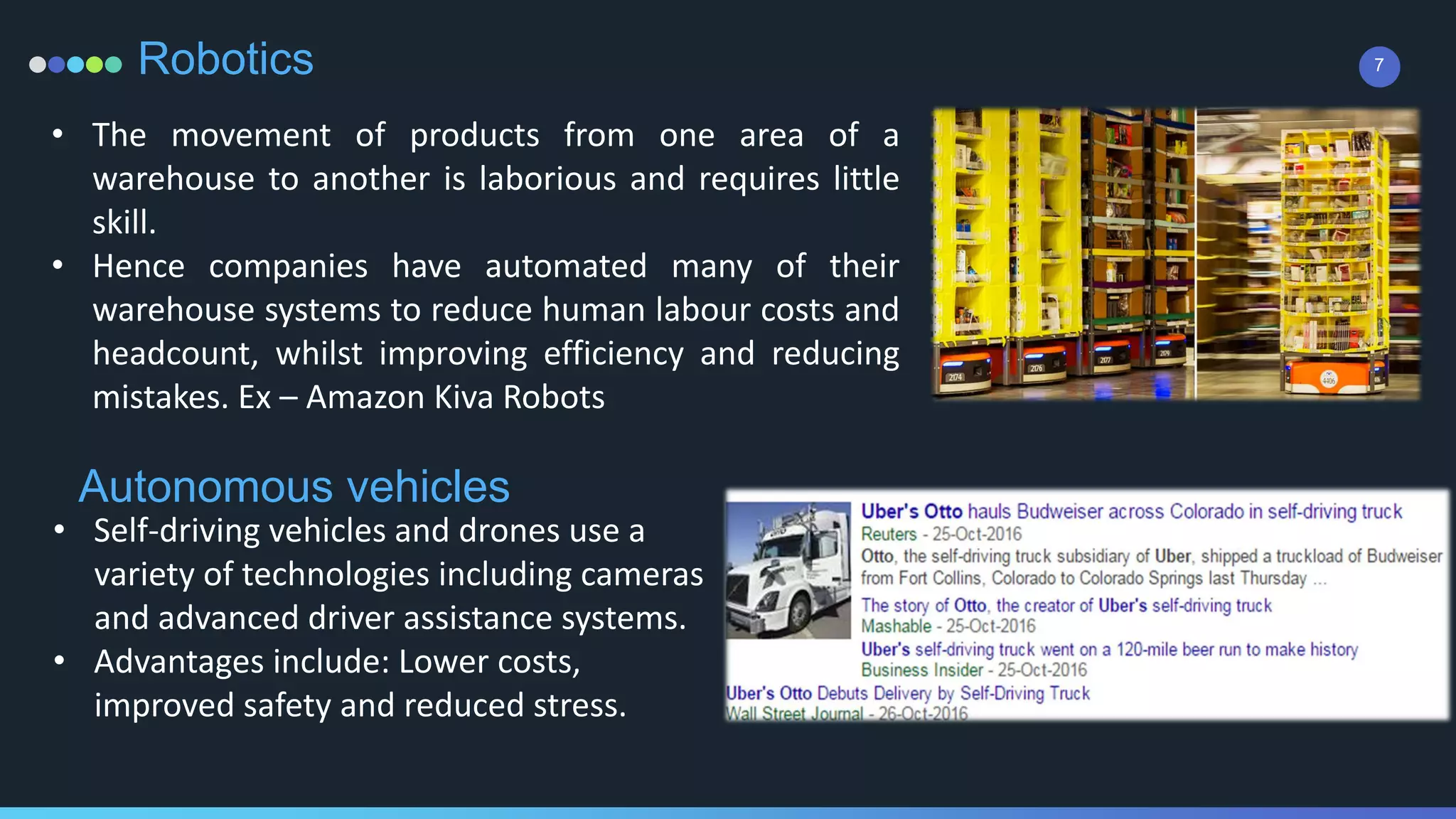 7Robotics
• The movement of products from one area of a
warehouse to another is laborious and requires little
skill.
• Hence companies have automated many of their
warehouse systems to reduce human labour costs and
headcount, whilst improving efficiency and reducing
mistakes. Ex – Amazon Kiva Robots
Autonomous vehicles
• Self-driving vehicles and drones use a
variety of technologies including cameras
and advanced driver assistance systems.
• Advantages include: Lower costs,
improved safety and reduced stress.
 