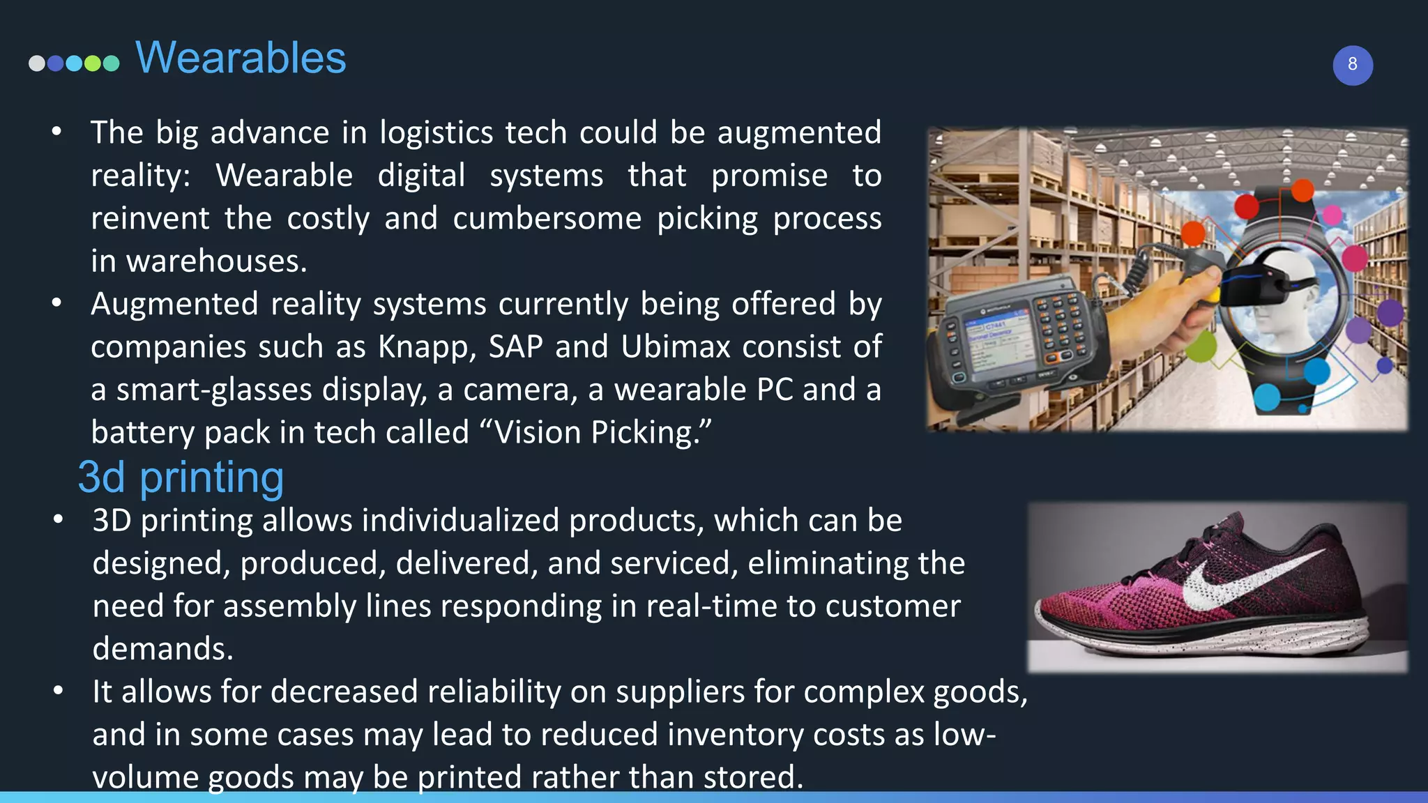 8Wearables
• The big advance in logistics tech could be augmented
reality: Wearable digital systems that promise to
reinvent the costly and cumbersome picking process
in warehouses.
• Augmented reality systems currently being offered by
companies such as Knapp, SAP and Ubimax consist of
a smart-glasses display, a camera, a wearable PC and a
battery pack in tech called “Vision Picking.”
3d printing
• 3D printing allows individualized products, which can be
designed, produced, delivered, and serviced, eliminating the
need for assembly lines responding in real-time to customer
demands.
• It allows for decreased reliability on suppliers for complex goods,
and in some cases may lead to reduced inventory costs as low-
volume goods may be printed rather than stored.
 