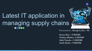 Latest IT application in
managing supply chains
1
Presented by : Group 2, Sec – S3
Sweta Das – UM15181
Tuhina Mishra- UM15183
Alok Nanda – UM15188
Atish Dash – UM15196
 