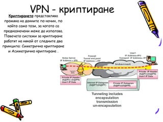VPN  - криптиране Криптирането  представлява промяна на данните по начин, по който само този, за когото са предназначени може да използва. Повечето системи за криптиране работят на някой от следните два принципа: Симетрично криптиране и Асиметрично криптиране . 