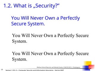 10 Section 1 (Ch.1) – Computer Security and Information Assurance – Spring 2007
1.2. What is „Security?”
You Will Never Own a Perfectly
Secure System.
You Will Never Own a Perfectly Secure
System.
You Will Never Own a Perfectly Secure
System.
[Barbara Edicott-Popovsky and Deborah Frincke, CSSE592/492, U. Washington]
 