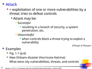 20 Section 1 (Ch.1) – Computer Security and Information Assurance – Spring 2007
 Attack
 = exploitation of one or more vulnerabilities by a
threat; tries to defeat controls

Attack may be:

Successful

resulting in a breach of security, a system
penetration, etc.

Unsuccessful

when controls block a threat trying to exploit a
vulnerability
[Pfleeger & Pfleeger]
 Examples

Fig. 1-1 (p.6)

New Orleans disaster (Hurricane Katrina):
What were city vulnerabilities, threats, and controls
 