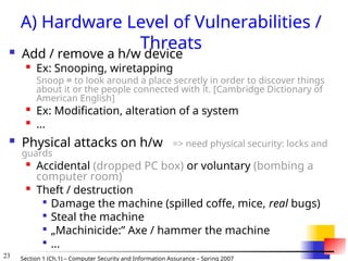 23 Section 1 (Ch.1) – Computer Security and Information Assurance – Spring 2007
A) Hardware Level of Vulnerabilities /
Threats
 Add / remove a h/w device

Ex: Snooping, wiretapping
Snoop = to look around a place secretly in order to discover things
about it or the people connected with it. [Cambridge Dictionary of
American English]

Ex: Modification, alteration of a system

...
 Physical attacks on h/w => need physical security: locks and
guards

Accidental (dropped PC box) or voluntary (bombing a
computer room)

Theft / destruction

Damage the machine (spilled coffe, mice, real bugs)

Steal the machine

„Machinicide:” Axe / hammer the machine

...
 