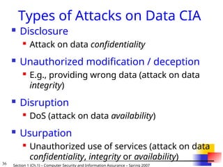 36 Section 1 (Ch.1) – Computer Security and Information Assurance – Spring 2007
Types of Attacks on Data CIA
 Disclosure
 Attack on data confidentiality
 Unauthorized modification / deception
 E.g., providing wrong data (attack on data
integrity)
 Disruption
 DoS (attack on data availability)
 Usurpation
 Unauthorized use of services (attack on data
confidentiality, integrity or availability)
 