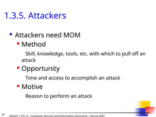 39 Section 1 (Ch.1) – Computer Security and Information Assurance – Spring 2007
1.3.5. Attackers
 Attackers need MOM

Method
Skill, knowledge, tools, etc. with which to pull off an
attack

Opportunity
Time and access to accomplish an attack

Motive
Reason to perform an attack
 