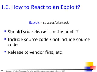 44 Section 1 (Ch.1) – Computer Security and Information Assurance – Spring 2007
1.6. How to React to an Exploit?
Exploit = successful attack
 Should you release it to the public?
 Include source code / not include source
code
 Release to vendor first, etc.
 