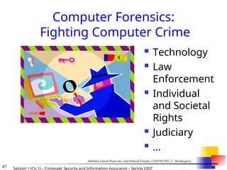 47 Section 1 (Ch.1) – Computer Security and Information Assurance – Spring 2007
Computer Forensics:
Fighting Computer Crime
 Technology
 Law
Enforcement
 Individual
and Societal
Rights
 Judiciary
 …
[Barbara Edicott-Popovsky and Deborah Frincke, CSSE592/492, U. Washington]
 