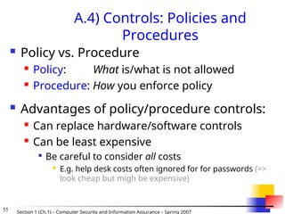 55 Section 1 (Ch.1) – Computer Security and Information Assurance – Spring 2007
A.4) Controls: Policies and
Procedures
 Policy vs. Procedure
 Policy: What is/what is not allowed
 Procedure: How you enforce policy
 Advantages of policy/procedure controls:
 Can replace hardware/software controls
 Can be least expensive

Be careful to consider all costs
 E.g. help desk costs often ignored for for passwords (=>
look cheap but migh be expensive)
 