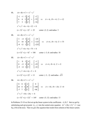 11.     Ax + By + C = − x 2 − y 2

         −1 −1 1  A   −2 
         6 6 1  B  =  −72           ⇒      A = −6, B = −4, C = −12
                          
         7 5 1 C 
                      −74 
                              
        x 2 + y 2 − 6 x − 4 y − 12 = 0

        ( x − 3)2 + ( y − 2)2 = 25       center (3, 2) and radius 5

12.     Ax + By + C = − x 2 − y 2

         3 −4 1  A     −25 
         5 10 1  B  =  −125           ⇒     A = 6, B = −8, C = −75
                           
         −9 12 1 C 
                       −225
                               
        x 2 + y 2 + 6 x − 8 y − 75 = 0

        ( x + 3)2 + ( y − 4)2 = 100      center (–3, 4) and radius 10

13.     Ax + By + C = − x 2 − y 2

         1 0 1  A      −1 
         0 −5 1  B  =  −25           ⇒     A = 4, B = 4, C = −5
                           
         −5 −4 1 C 
                       −41
                               
        x2 + y 2 + 4 x + 4 y − 5 = 0

        ( x + 2)2 + ( y + 2)2 = 13       center (–3, –2) and radius     13

14.     Ax + By + C = − x 2 − y 2

         0 0 1  A     0 
        10 0 1  B  =  −100           ⇒     A = −10, B = −24, C = 0
                           
         −7 7 1 C 
                      −98 
                               
        x 2 + y 2 − 10 x − 24 y = 0

        ( x − 5)2 + ( y − 12)2 = 169     center (5, 12) and radius 13

In Problems 15-18 we first set up the linear system in the coefficients A, B, C that we get by
substituting each given point ( xi , yi ) into the central conic equation Ax 2 + Bxy + Cy 2 = 1 (see
Eq. (10) in the text). Then we give the equation that results from solution of this linear system.
 