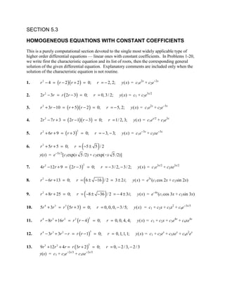 SECTION 5.3

HOMOGENEOUS EQUATIONS WITH CONSTANT COEFFICIENTS
This is a purely computational section devoted to the single most widely applicable type of
higher order differential equations — linear ones with constant coefficients. In Problems 1-20,
we write first the characteristic equation and its list of roots, then the corresponding general
solution of the given differential equation. Explanatory comments are included only when the
solution of the characteristic equation is not routine.

1.     r 2 − 4 = ( r − 2 )( r + 2 ) = 0;                r = − 2, 2;          y ( x ) = c1e2x + c2e-2x

2.     2r 2 − 3r = r ( 2r − 3) = 0;                   r = 0, 3 / 2;         y ( x) = c1 + c2e3x/2

3.     r 2 + 3r − 10 = ( r + 5 )( r − 2 ) = 0;                  r = − 5, 2;           y ( x) = c1e2x + c2e-5x

4.     2r 2 − 7r + 3 = ( 2r − 1)( r − 3) = 0;                       r = 1/ 2, 3;       y ( x) = c1ex/2 + c2e3x

       r 2 + 6r + 9 = ( r + 3) = 0;
                                 2
5.                                                    r = − 3, − 3;          y ( x ) = c1e-3x + c2xe-3x

6.     r 2 + 5r + 5 = 0;             (
                                r = −5 ± 5 / 2          )
       y(x) = e-5x/2[c1exp(x 5 /2) + c2exp(-x 5 /2)]

       4r 2 − 12r + 9 = ( 2r − 3) = 0;
                                     2
7.                                                          r = − 3 / 2, − 3 / 2;         y ( x) = c1e3x/2 + c2xe3x/2

8.     r 2 − 6r + 13 = 0;                (
                                r = 6 ± −16 / 2 = 3 ± 2 i;  )                          y ( x) = e3x(c1 cos 2x + c2 sin 2x)


9.     r 2 + 8r + 25 = 0;                (
                                 r = −8 ± −36 / 2 = − 4 ± 3 i;  )                         y ( x ) = e-4x(c1 cos 3x + c2 sin 3x)

10.    5r 4 + 3r 3 = r 3 (5r + 3) = 0;                  r = 0, 0, 0, − 3 / 5;          y ( x) = c1 + c2x + c3x2 + c4e-3x/5

       r 4 − 8r 3 + 16r 2 = r 2 ( r − 4 ) = 0;
                                               2
11.                                                             r = 0, 0, 4, 4;          y ( x) = c1 + c2x + c3e4x + c4xe4x

       r 4 − 3r 3 + 3r 2 − r = r ( r − 1) = 0;
                                                  3
12.                                                                 r = 0, 1, 1, 1;      y ( x) = c1 + c2ex + c3xex + c4x2ex

       9r 3 + 12r 2 + 4r = r (3r + 2 ) = 0;
                                              2
13.                                                             r = 0, − 2 / 3, − 2 / 3
                        -2x/3                -2x/3
       y(x) = c1 + c2e          + c3xe
 