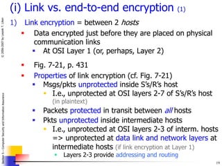 19
Section
5
–
Computer
Security
and
Information
Assurance
©
2006-2007
by
Leszek
T.
Lilien
(i) Link vs. end-to-end encrypt...