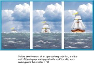 Sailors see the mast of an approaching ship first, and the rest of the ship appearing gradually, as if the ship were coming over the crest of a hill. 