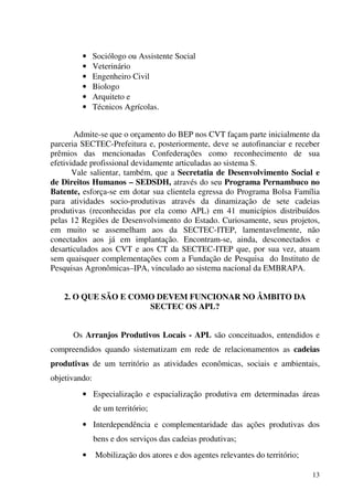 13
• Sociólogo ou Assistente Social
• Veterinário
• Engenheiro Civil
• Biologo
• Arquiteto e
• Técnicos Agrícolas.
Admite-se que o orçamento do BEP nos CVT façam parte inicialmente da
parceria SECTEC-Prefeitura e, posteriormente, deve se autofinanciar e receber
prêmios das mencionadas Confederações como reconhecimento de sua
efetividade profissional devidamente articuladas ao sistema S.
Vale salientar, também, que a Secretatia de Desenvolvimento Social e
de Direitos Humanos – SEDSDH, através do seu Programa Pernambuco no
Batente, esforça-se em dotar sua clientela egressa do Programa Bolsa Família
para atividades socio-produtivas através da dinamização de sete cadeias
produtivas (reconhecidas por ela como APL) em 41 municípios distribuídos
pelas 12 Regiões de Desenvolvimento do Estado. Curiosamente, seus projetos,
em muito se assemelham aos da SECTEC-ITEP, lamentavelmente, não
conectados aos já em implantação. Encontram-se, ainda, desconectados e
desarticulados aos CVT e aos CT da SECTEC-ITEP que, por sua vez, atuam
sem quaisquer complementações com a Fundação de Pesquisa do Instituto de
Pesquisas Agronômicas–IPA, vinculado ao sistema nacional da EMBRAPA.
2. O QUE SÃO E COMO DEVEM FUNCIONAR NO ÂMBITO DA
SECTEC OS APL?
Os Arranjos Produtivos Locais - APL são conceituados, entendidos e
compreendidos quando sistematizam em rede de relacionamentos as cadeias
produtivas de um território as atividades econômicas, sociais e ambientais,
objetivando:
• Especialização e espacialização produtiva em determinadas áreas
de um território;
• Interdependência e complementaridade das ações produtivas dos
bens e dos serviços das cadeias produtivas;
• Mobilização dos atores e dos agentes relevantes do território;
 