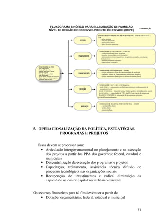 51
5. OPERACIONALIZAÇÃO DA POLÍTICA, ESTRATÉGIAS,
PROGRAMAS E PROJETOS
Essas devem se processar com:
• Articulação intergovernamental no planejamento e na execução
dos projetos a partir dos PPA dos governos: federal, estadual e
municipais
• Descentralização da execução dos programas e projetos
• Capacitação, treinamento, assistência técnica difusão de
processos tecnológicos nas organizações sociais
• Recuperação de investimentos e radical diminuição da
capacidade ociosa do capital social básico existente.
Os recursos financeiros para tal fim devem ser a partir de:
• Dotações orçamentárias: federal, estadual e municipal
 