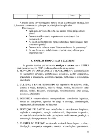 58
níveis Testes ar
A matriz acima serve de recurso para se testar as estratégias em rede, isto
é, levar em conta o modo pelo qual os princípios são aplicados.
Cabe indagar:
• Será que a direção está certa e de acordo com o propósito do
plano?
• Como tem sido e como se processam as mudanças dos
participantes?
• As interligações têm sido bem conduzidas e bem utilizadas pelo
sistema de gestão?
• Como e onde estão os novos lideres no sistema de governança?
• De que forma se estabelecem às conexões com a hierarquia
organizacional?
6. CADEIAS PRODUTIVAS E CLUSTERS
As grandes cadeias produtivas em serviços e clusters que a SETIES
pode desenvolver, via ITEP, em Pernambuco são as seguintes:
1. SERVIÇOS DE CONSULTORIA E PLANEJAMENTO compreendendo
os segmentos: jurídicos, contabilidade, pesquisas, gestão empresarial,
arquitetura e engenharia, assistência técnica, publicidade e propaganda,
imobiliária
2. CULTURA E ENTRETENIMENTO nos segmentos de: folclore, teatro,
cinema e vídeo, fotografia, música, dança, pintura, restauração, artes
plástica, modas, designers, museologia, biblioteconomia, artes cênica,
circenses, artesanatos
3. LOGÍSTICA compreendendo: transportadoras, consultorias logísticas,
modal de transportes, agências de carga e descarga, armazenagem,
seguradoras, distribuidores, rastreadores
4. SERVIÇOS DE SAÚDE com referências a: atendimento hospitalar,
urgência e emergência, atenção ambulatorial, diagnóstico terapêutico,
serviços informacionais de saúde, produção de medicamentos, produção e
manutenção de equipamentos de saúde
5. CLUSTER DO TURISMO envolvendo: meios de hospedagens, vendas e
divulgação, transportes, recepções, eventos, acomodações, gastronomia,
 