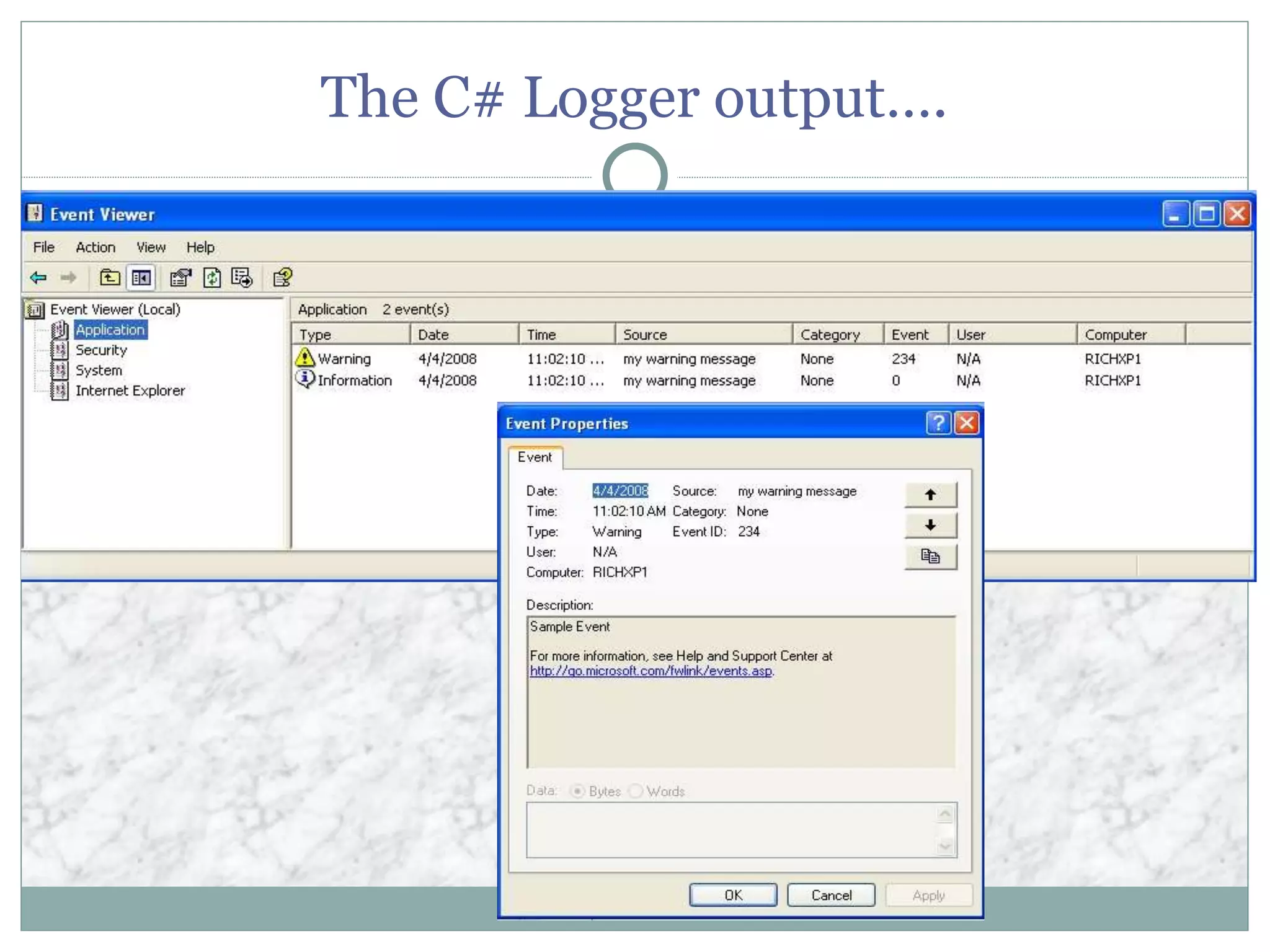 The C# Logger output….
 
