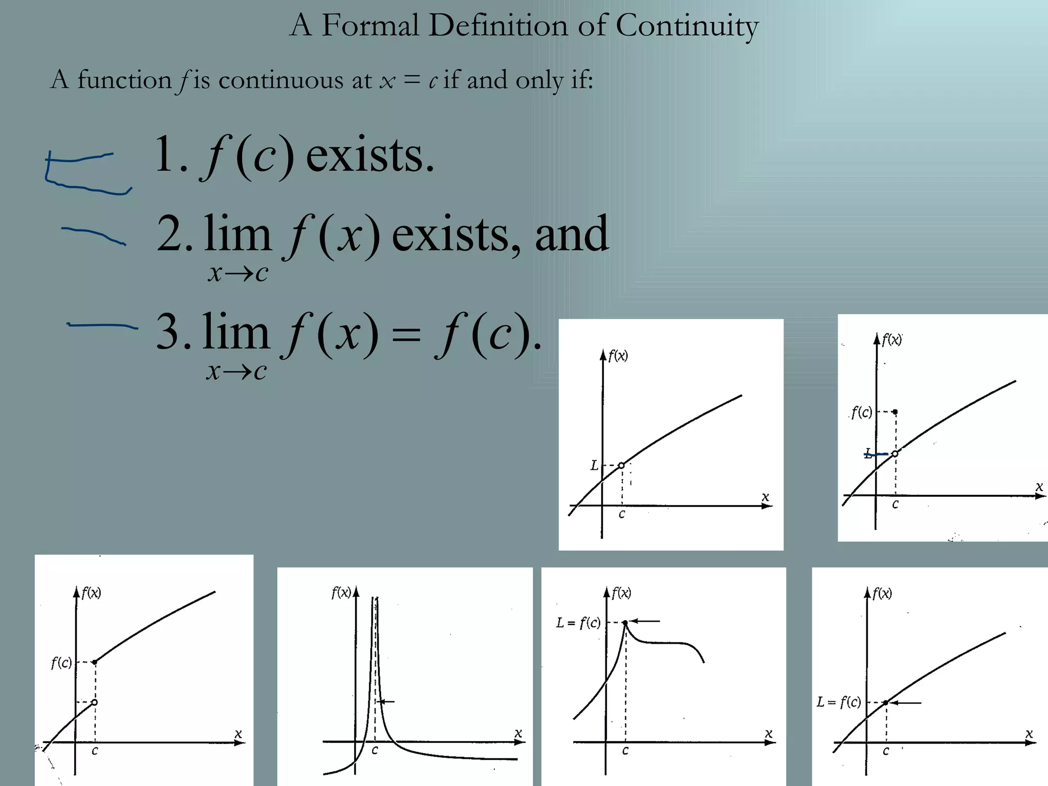 A Formal Definition of Continuity A function f is continuous at x = c if and only if: