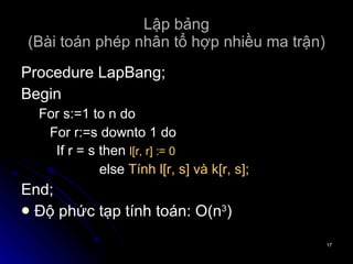 Lập bảng (Bài toán phép nhân tổ hợp nhiều ma trận) Procedure LapBang; Begin For s:=1 to n do For r:=s downto 1 do If r = s then  l[r, r] := 0     else  Tính l[r, s] và k[r, s]; End; Độ phức tạp tính toán: O(n 3 ) 