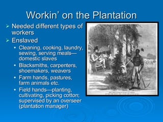 Workin’ on the Plantation Needed different types of workers Enslaved Cleaning, cooking, laundry, sewing, serving meals—domestic slaves Blacksmiths, carpenters, shoemakers, weavers Farm hands, pastures, farm animals etc. Field hands—planting, cultivating, picking cotton; supervised by an overseer (plantation manager) 