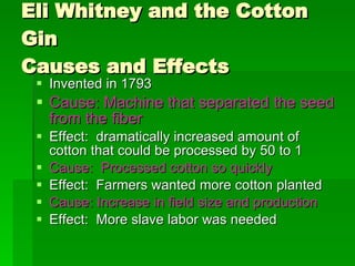 Eli Whitney and the Cotton Gin Causes and Effects Invented in 1793 Cause: Machine that separated the seed from the fiber Effect:  dramatically increased amount of cotton that could be processed by 50 to 1 Cause:  Processed cotton so quickly Effect:  Farmers wanted more cotton planted Cause: Increase in field size and production Effect:  More slave labor was needed 