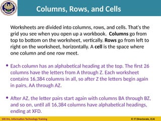 100 Hrs. Information Technology Training © IT Directorate, ICAI
Columns, Rows, and Cells
Worksheets are divided into columns, rows, and cells. That's the
grid you see when you open up a workbook. Columns go from
top to bottom on the worksheet, vertically. Rows go from left to
right on the worksheet, horizontally. A cell is the space where
one column and one row meet.
 Each column has an alphabetical heading at the top. The first 26
columns have the letters from A through Z. Each worksheet
contains 16,384 columns in all, so after Z the letters begin again
in pairs, AA through AZ.
 After AZ, the letter pairs start again with columns BA through BZ,
and so on, until all 16,384 columns have alphabetical headings,
ending at XFD.
 