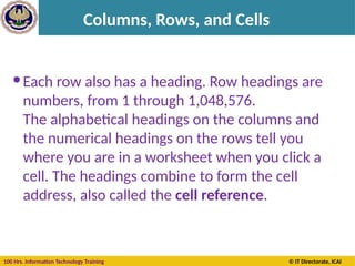 100 Hrs. Information Technology Training © IT Directorate, ICAI
Columns, Rows, and Cells
Each row also has a heading. Row headings are
numbers, from 1 through 1,048,576.
The alphabetical headings on the columns and
the numerical headings on the rows tell you
where you are in a worksheet when you click a
cell. The headings combine to form the cell
address, also called the cell reference.
 