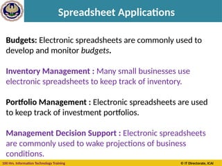 100 Hrs. Information Technology Training © IT Directorate, ICAI
Spreadsheet Applications
Budgets: Electronic spreadsheets are commonly used to
develop and monitor budgets.
Inventory Management : Many small businesses use
electronic spreadsheets to keep track of inventory.
Portfolio Management : Electronic spreadsheets are used
to keep track of investment portfolios.
Management Decision Support : Electronic spreadsheets
are commonly used to wake projections of business
conditions.
 