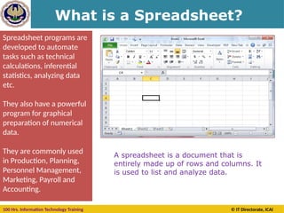 100 Hrs. Information Technology Training © IT Directorate, ICAI
What is a Spreadsheet?
A spreadsheet is a document that is
entirely made up of rows and columns. It
is used to list and analyze data.
Spreadsheet programs are
developed to automate
tasks such as technical
calculations, inferential
statistics, analyzing data
etc.
They also have a powerful
program for graphical
preparation of numerical
data.
They are commonly used
in Production, Planning,
Personnel Management,
Marketing, Payroll and
Accounting.
 