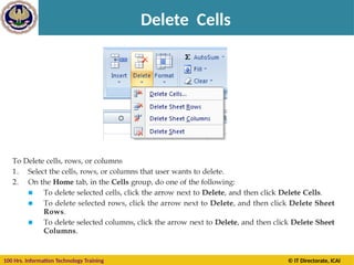 100 Hrs. Information Technology Training © IT Directorate, ICAI
Delete Cells
Now you will see this
dialogue box.
Choose the correct
option. This will depend
on where you want to
put the new cells.
 