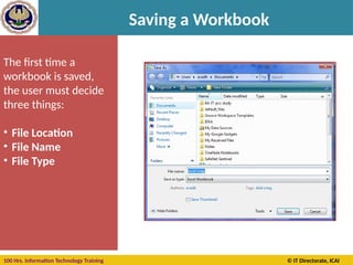 100 Hrs. Information Technology Training © IT Directorate, ICAI
Saving a Workbook
The first time a
workbook is saved,
the user must decide
three things:
• File Location
• File Name
• File Type
 