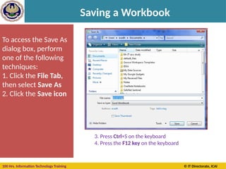 100 Hrs. Information Technology Training © IT Directorate, ICAI
Saving a Workbook
To access the Save As
dialog box, perform
one of the following
techniques:
1. Click the File Tab,
then select Save As
2. Click the Save icon
3. Press Ctrl+S on the keyboard
4. Press the F12 key on the keyboard
 