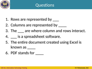 100 Hrs. Information Technology Training © IT Directorate, ICAI
Questions
1. Rows are represented by ___
2. Columns are represented by ____
3. The ___ are where column and rows interact.
4. ___ is a spreadsheet software.
5. The entire document created using Excel is
known as ____
6. PDF stands for ____
 