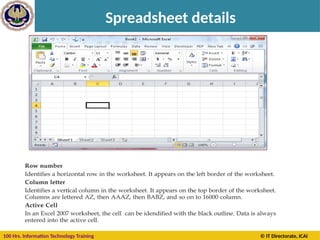 100 Hrs. Information Technology Training © IT Directorate, ICAI
Spreadsheet details
 
