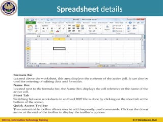 100 Hrs. Information Technology Training © IT Directorate, ICAI
Spreadsheet details
 