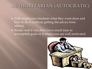  Tells employees/students what they want done and
how to do it (without getting the advice from
others).
 Works well if you don’t have much time to
accomplish goals or if employees are well motivated.
 