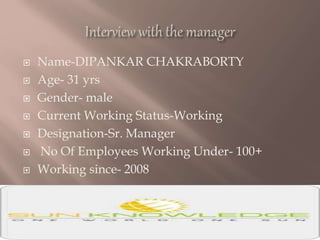  Name-DIPANKAR CHAKRABORTY
 Age- 31 yrs
 Gender- male
 Current Working Status-Working
 Designation-Sr. Manager
 No Of Employees Working Under- 100+
 Working since- 2008
 