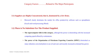 Category Factors ………..Related to The Major Participants
3.1) Suppliers are Highly Concentrated, that is, dominated by a few firms.
 Microsoft clearly dominates the market for office productivity software such as spreadsheets
(Excel) and word processing (Word).
3.2) There is No Substitute For The Product Supplied.
 The supercomputer falls in this category, although this power is diminishing with the increased
computing speed offered by workstations.
 The power of the Organization of Petroleum Exporting Countries (OPEC) diminished as
many industries converted plants to use oil and coal, and recently increased as demand has grown.
Section -II-Industry Analysis -AAU-SOC 117
 