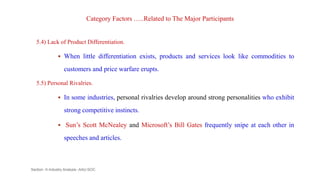 Category Factors …..Related to The Major Participants
5.4) Lack of Product Differentiation.
 When little differentiation exists, products and services look like commodities to
customers and price warfare erupts.
5.5) Personal Rivalries.
 In some industries, personal rivalries develop around strong personalities who exhibit
strong competitive instincts.
 Sun’s Scott McNealey and Microsoft’s Bill Gates frequently snipe at each other in
speeches and articles.
Section -II-Industry Analysis -AAU-SOC 122
 