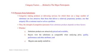 Category Factors …..Related to The Major Participants
5.6) Pressure from Substitutes
 Categories making products or delivering services for which there are a large number of
substitutes are less attractive than those that deliver a relatively proprietary product, one that
uniquely fills a customer need or solves a problem.
 Thus, the strength of competitive pressures from substitute products depends on three factors:
 Whether:
a) Substitute products are attractively priced and available;
b) Buyers view the substitutes as comparable when analyzing price, quality,
performance and other attributes; and
c) Buyers can easily switch to .
Section -II-Industry Analysis -AAU-SOC 123
 