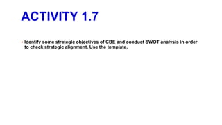 ACTIVITY 1.7
 Identify some strategic objectives of CBE and conduct SWOT analysis in order
to check strategic alignment. Use the template.
 